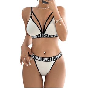 Verdusa Women's Harness Lingerie Sets 2 Piece Letter Print Bra and Panty Set