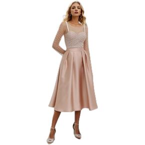 CHICWISH صدرية نسائية لامعة مبهرة ولؤلؤ كامل مزين بشبكة شفافة وتنورة متوسطة الطول بطيات على شكل حرف A، مقاس L in Kuwait