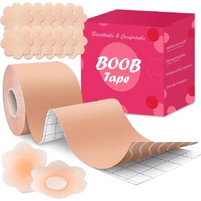 Breast Lift Tape Kit with Nipple Covers & Bra Pasties - Backless Strapless Bra Solution for A-G Cups, Waterproof & Sweatproof, Instant Lift & Support for Various Outfits Beige