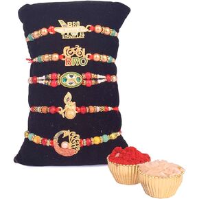 SATVIK 5 Pc Rakhi for Brother Bhaiya Bhabhi Traditional Handmade Assorted Designer Rakhi Set with Puja Plate, Roli Chawal, Greeting Card & Soun Stickers Rakhi Thread Rakhdi Bracelets Rakshabandhan