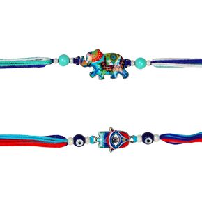 Set of 2 Rakhi for Brother with Raksha Bandhan Greeting Card & Roli Chawal Tika | Premium Hamsa Evil Eye Rakhi for Brother | Elephant Rakhi for Small Brother Bhaiya | Rakhi Thread TRBRK012