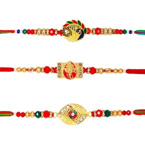 Set of 3 Ganesh & Designer Rakhi for Brother Rakhee for Boys | Raksha Bandhan Peacock Rakhi Bracelet for Brother Rakhi for Bhaiya Rakhi Set with Greeting Card & Roli Chawal
