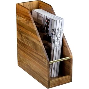 MyGift Premium Hotel Series Solid Acacia Wood Desktop Magazine File Holder Bin with Brass Tone Metal Accent, Vertical Office Desk Document Folder Binder Storage Organizer Rack