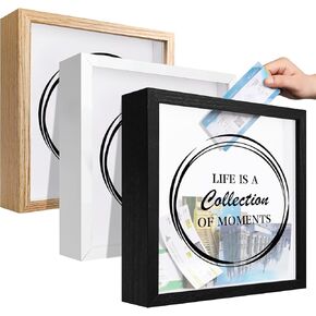 Travel Adventure Challenge Archive Shadow Box Picture Frame with Slot,8&12In Travel Ticket Card Memory Box for Keepsake Box,Top Loading Shadow Box Display Case Travel decor Gift (Black,12x12in