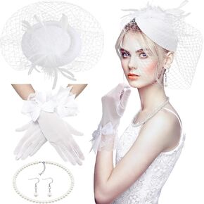 4 Pcs Fascinator Hat for Women Tea Party Cocktail Veil Hat for Girls Short Lace Gloves and Pearl Necklace Earring