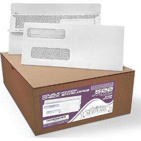#500 No. 9 Self-Seal Check Envelopes - For Quickbooks in other Printed Checks, Designed Slightly Larger to fit Few Checks With Stubs or Invoices, Security Tinted Double Window Size 3-7/8 X 8-7/8