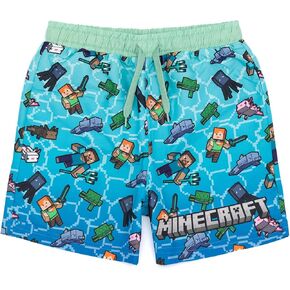 Minecraft Boys Swim Shorts | Blue & Green OR Green Creeper Options | Swimming Trunks with Creeper Steve Alex TNT Explosive