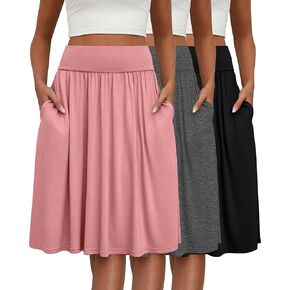3 Pcs Skirts for Women Knee Length Skirt with Pockets Casual Ruched Flowy Midi Skirt