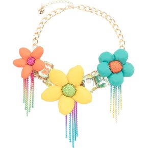 Betsey Johnson Puffer Flower Statement Necklace, 16 inch length with 3 inch extender, Multicolor, Crystal Accents, Gold Tone