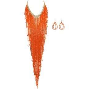 Bocar Chunky Statement Collar Necklace Earring Set with Long Beaded Pendant Tassel Bady Jewelry for Women Gift