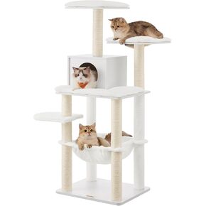 Feandrea Cat Tree, 54.3-Inch Modern Cat Tower for Indoor Cats, Multi-Level Cat Condo, Ultra-Soft Plush, Scratching Posts, Hammock, Removable, Washable Cushions, Cloud White UPCT164W01