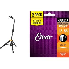 Hercules GS415BPLUS AutoGrip System Guitar Stand & Elixir® Strings 16545 Acoustic Phosphor Bronze Guitar Strings with NANOWEB® Coating, 3 Pack, Light (.012-.053)