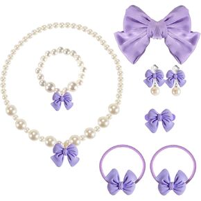 Handmade Bow Pearl Kids Jewelry for Little Girls Toddler Set of 8 pcs - Hair Bows Clips Ties - Stretch Necklace Bracelets Rings and Clip on Earrings - Cute Princess Dress Up Gifts