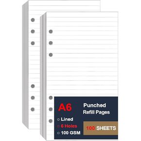 (2 Pack) A6 Lined Paper Refill 6 Ring, A6 Filler Paper for Filofax Personal Binder Planner, 100gsm Ruled Pages, 6 Hole Punched, 200 Sheets/400 Pages, 3.75 x 6.75 Inch