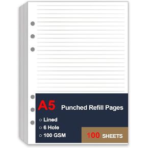 A5 Lined Paper Refill, 6 Hole Notebook Refills Paper for 6 Ring Refillable Binder, A5 Filler Paper, Loose Leaf Paper for Filofax Planner Refills, Organizer, 100 Sheets/200 Pages, 5.8 x 8.2 Inch