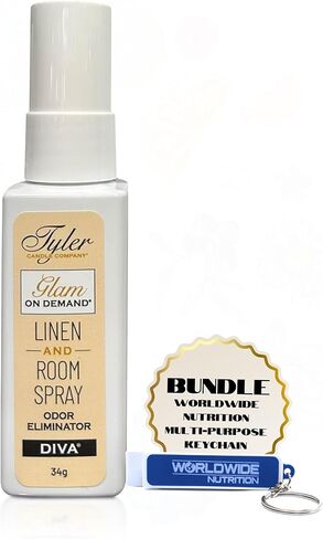 حزمة التغذية العالمية المتوافقة مع Tyler Glam On Demand Diva Linen ومزيل رائحة رذاذ الغرفة 8oz - الكتان ثنائي الاستخدام ومعطر الغرفة للمنزل والكتان والسيارة - زجاجة 227 جرام مع سلسلة مفاتيح in Kuwait