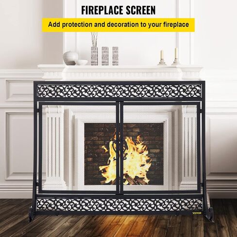 VEVOR Fireplace Screen, 38 x 26.5 Inch,Heavy Duty Iron Freestanding Spark Guard with Support, Metal Mesh Craft, Broom Tong Shovel Poker Included for Fireplace Decoration & Protection, Black in Saudi Arabia