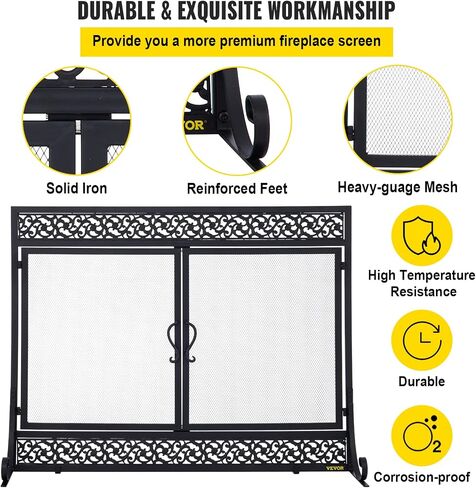 VEVOR Fireplace Screen, 38 x 26.5 Inch,Heavy Duty Iron Freestanding Spark Guard with Support, Metal Mesh Craft, Broom Tong Shovel Poker Included for Fireplace Decoration & Protection, Black in Saudi Arabia