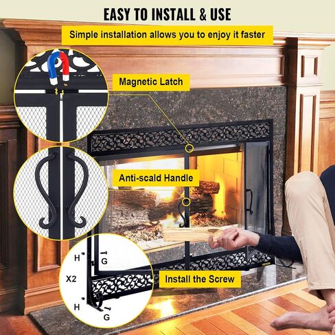 VEVOR Fireplace Screen, 38 x 26.5 Inch,Heavy Duty Iron Freestanding Spark Guard with Support, Metal Mesh Craft, Broom Tong Shovel Poker Included for Fireplace Decoration & Protection, Black in Saudi Arabia