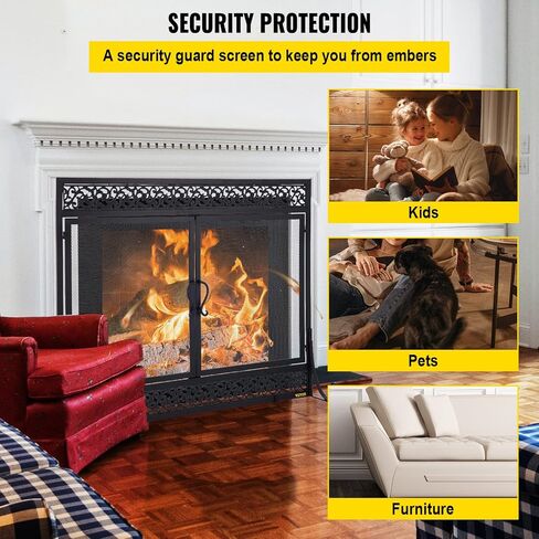 VEVOR Fireplace Screen, 38 x 26.5 Inch,Heavy Duty Iron Freestanding Spark Guard with Support, Metal Mesh Craft, Broom Tong Shovel Poker Included for Fireplace Decoration & Protection, Black in Saudi Arabia