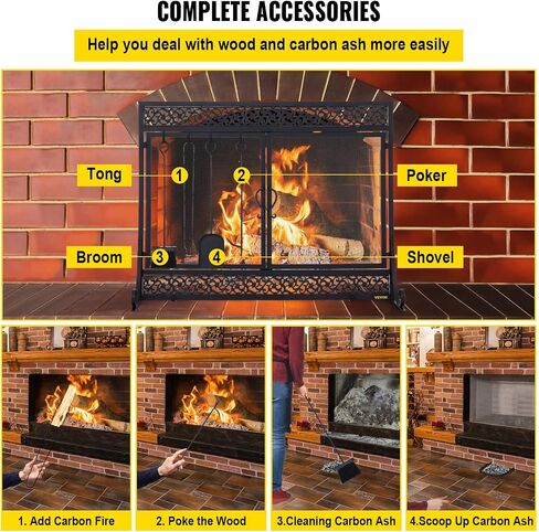 VEVOR Fireplace Screen, 38 x 26.5 Inch,Heavy Duty Iron Freestanding Spark Guard with Support, Metal Mesh Craft, Broom Tong Shovel Poker Included for Fireplace Decoration & Protection, Black in Saudi Arabia