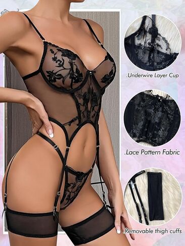 popiv Sexy Lingerie for Women Floral Mesh Lace Lingerie Set Corset Garter Belt Underwear Teddy Lingerie 3 Piece in Saudi Arabia