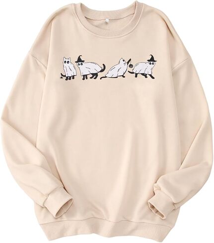 MODNTOGA المرأة هالوين البلوز Crewneck اليقطين القطط السوداء الجرافيك البلوز قمم طويلة الأكمام خمر الزي هالوين in Kuwait