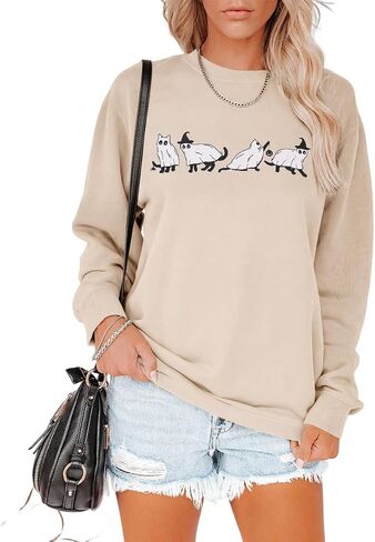 MODNTOGA المرأة هالوين البلوز Crewneck اليقطين القطط السوداء الجرافيك البلوز قمم طويلة الأكمام خمر الزي هالوين in Kuwait