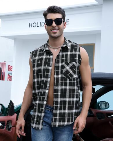 Men Sleeveless Plaid Shirt, Cowboy Button Down Shirts, Muscle Performance Sleeveless Shirts in Saudi Arabia