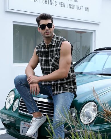 Men Sleeveless Plaid Shirt, Cowboy Button Down Shirts, Muscle Performance Sleeveless Shirts in Saudi Arabia
