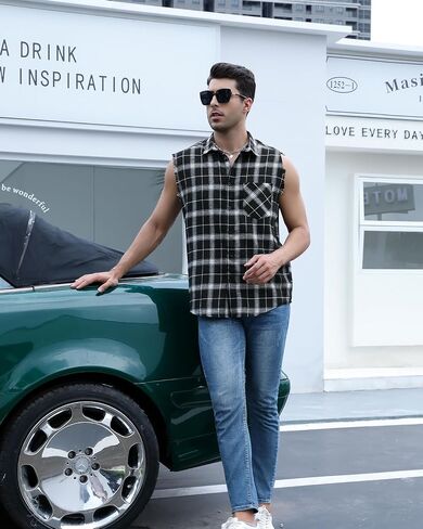 Men Sleeveless Plaid Shirt, Cowboy Button Down Shirts, Muscle Performance Sleeveless Shirts in Saudi Arabia
