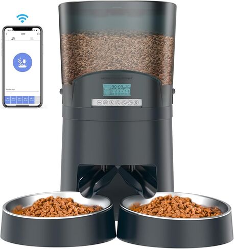 HoneyGuaridan Automatic Cat Feeders 2 Cats, 2.4G WiFi Smart Pet Feeder with APP Control for Cats and Dogs Dry Food Dispenser with 2 Stainless Steel Bowl, Desiccant Bag, 10s Voice Recorder (6.5L, Blue) in Kuwait