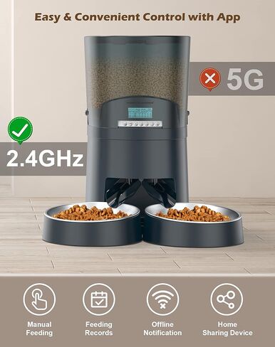 HoneyGuaridan Automatic Cat Feeders 2 Cats, 2.4G WiFi Smart Pet Feeder with APP Control for Cats and Dogs Dry Food Dispenser with 2 Stainless Steel Bowl, Desiccant Bag, 10s Voice Recorder (6.5L, Blue) in Kuwait