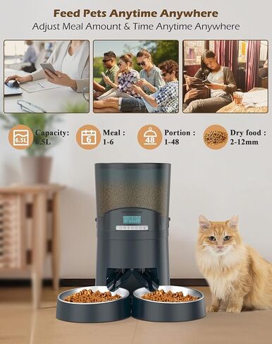 HoneyGuaridan Automatic Cat Feeders 2 Cats, 2.4G WiFi Smart Pet Feeder with APP Control for Cats and Dogs Dry Food Dispenser with 2 Stainless Steel Bowl, Desiccant Bag, 10s Voice Recorder (6.5L, Blue) in Kuwait