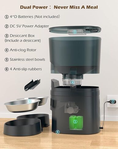 HoneyGuaridan Automatic Cat Feeders 2 Cats, 2.4G WiFi Smart Pet Feeder with APP Control for Cats and Dogs Dry Food Dispenser with 2 Stainless Steel Bowl, Desiccant Bag, 10s Voice Recorder (6.5L, Blue) in Kuwait