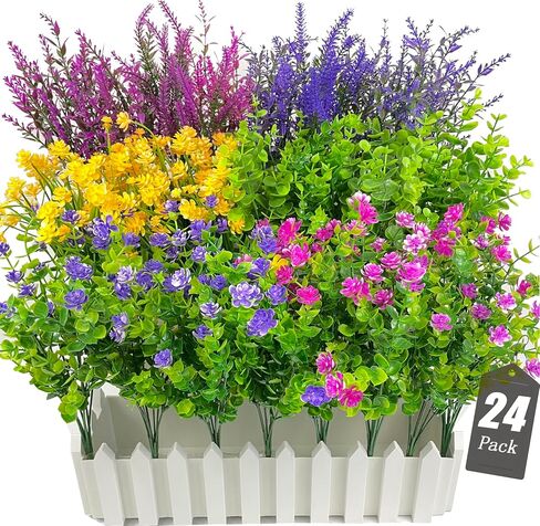Artificial Flowers for Outdoors 24 Bundles Set uv Resistant No Fade Plastic Faux Fake Flowers Artificial for Decoration Indoor Outside Garden Porch Patio Farmhouse Hanging Plants Home Decor in Saudi Arabia
