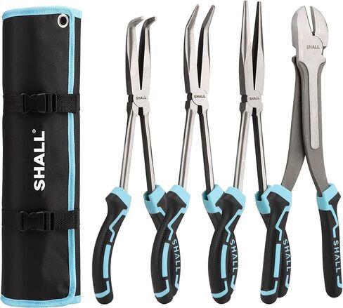 طقم كماشة أنف بإبرة طويلة، 4 قطع، كماشة أنف طويلة 11 بوصة، كماشة أنف منحنية 90 درجة و45 درجة، كماشة قطع قطرية طويلة وحقيبة تخزين قابلة للطي، مقبض من المطاط اللدن حراريًا بلونين، لإصلاح السيارة/الأعمال المنزلية in Kuwait