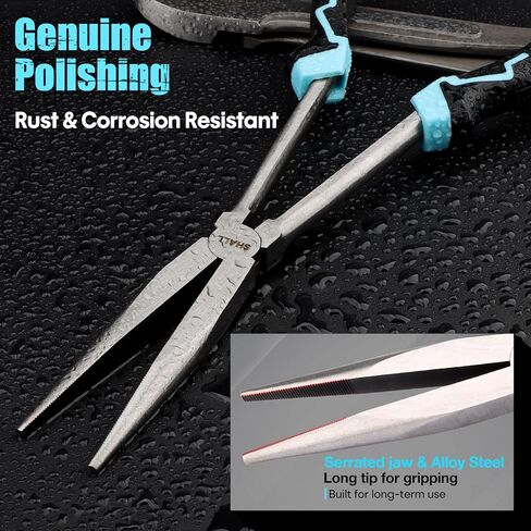 طقم كماشة أنف بإبرة طويلة، 4 قطع، كماشة أنف طويلة 11 بوصة، كماشة أنف منحنية 90 درجة و45 درجة، كماشة قطع قطرية طويلة وحقيبة تخزين قابلة للطي، مقبض من المطاط اللدن حراريًا بلونين، لإصلاح السيارة/الأعمال المنزلية in Kuwait