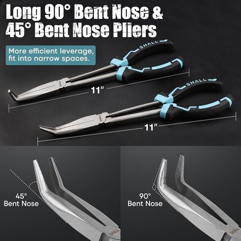 طقم كماشة أنف بإبرة طويلة، 4 قطع، كماشة أنف طويلة 11 بوصة، كماشة أنف منحنية 90 درجة و45 درجة، كماشة قطع قطرية طويلة وحقيبة تخزين قابلة للطي، مقبض من المطاط اللدن حراريًا بلونين، لإصلاح السيارة/الأعمال المنزلية in Kuwait