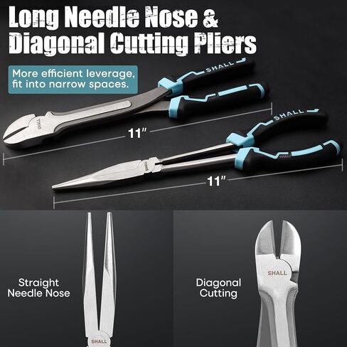 طقم كماشة أنف بإبرة طويلة، 4 قطع، كماشة أنف طويلة 11 بوصة، كماشة أنف منحنية 90 درجة و45 درجة، كماشة قطع قطرية طويلة وحقيبة تخزين قابلة للطي، مقبض من المطاط اللدن حراريًا بلونين، لإصلاح السيارة/الأعمال المنزلية in Kuwait