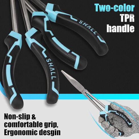 طقم كماشة أنف بإبرة طويلة، 4 قطع، كماشة أنف طويلة 11 بوصة، كماشة أنف منحنية 90 درجة و45 درجة، كماشة قطع قطرية طويلة وحقيبة تخزين قابلة للطي، مقبض من المطاط اللدن حراريًا بلونين، لإصلاح السيارة/الأعمال المنزلية in Kuwait