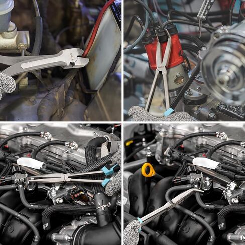 طقم كماشة أنف بإبرة طويلة، 4 قطع، كماشة أنف طويلة 11 بوصة، كماشة أنف منحنية 90 درجة و45 درجة، كماشة قطع قطرية طويلة وحقيبة تخزين قابلة للطي، مقبض من المطاط اللدن حراريًا بلونين، لإصلاح السيارة/الأعمال المنزلية in Kuwait