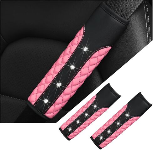 2PCS Bling Car Seat Belt Covers, Leather Vehicle Shoulder Pad Cushions, Sparkling Rhinestone Auto Seatbelt Strap Protective Covers for Women Girls, Universal for Most Cars（Pink） in Saudi Arabia