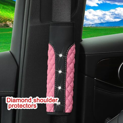 2PCS Bling Car Seat Belt Covers, Leather Vehicle Shoulder Pad Cushions, Sparkling Rhinestone Auto Seatbelt Strap Protective Covers for Women Girls, Universal for Most Cars（Pink） in Saudi Arabia