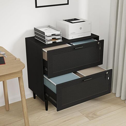 2 Drawer File Cabinet, Lateral File Cabinet with Lock, Rattan Wood Filing Organization Cabinet for Home Office, Black in Saudi Arabia