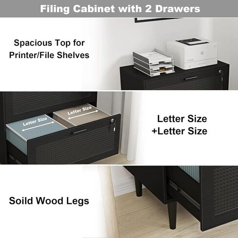 2 Drawer File Cabinet, Lateral File Cabinet with Lock, Rattan Wood Filing Organization Cabinet for Home Office, Black in Saudi Arabia