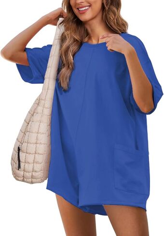 Rompers for Women Casual Summer Short Sleeve Athletic Jumpsuits Oversized Back V Neck Onesie Tee Romper with Pockets in Saudi Arabia