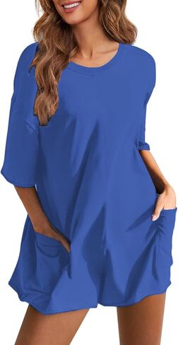 Rompers for Women Casual Summer Short Sleeve Athletic Jumpsuits Oversized Back V Neck Onesie Tee Romper with Pockets in Saudi Arabia
