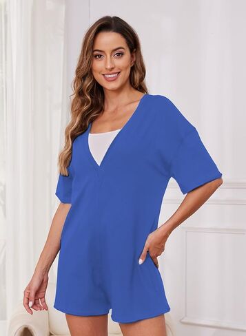 Rompers for Women Casual Summer Short Sleeve Athletic Jumpsuits Oversized Back V Neck Onesie Tee Romper with Pockets in Saudi Arabia