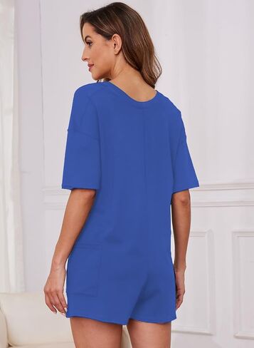 Rompers for Women Casual Summer Short Sleeve Athletic Jumpsuits Oversized Back V Neck Onesie Tee Romper with Pockets in Saudi Arabia